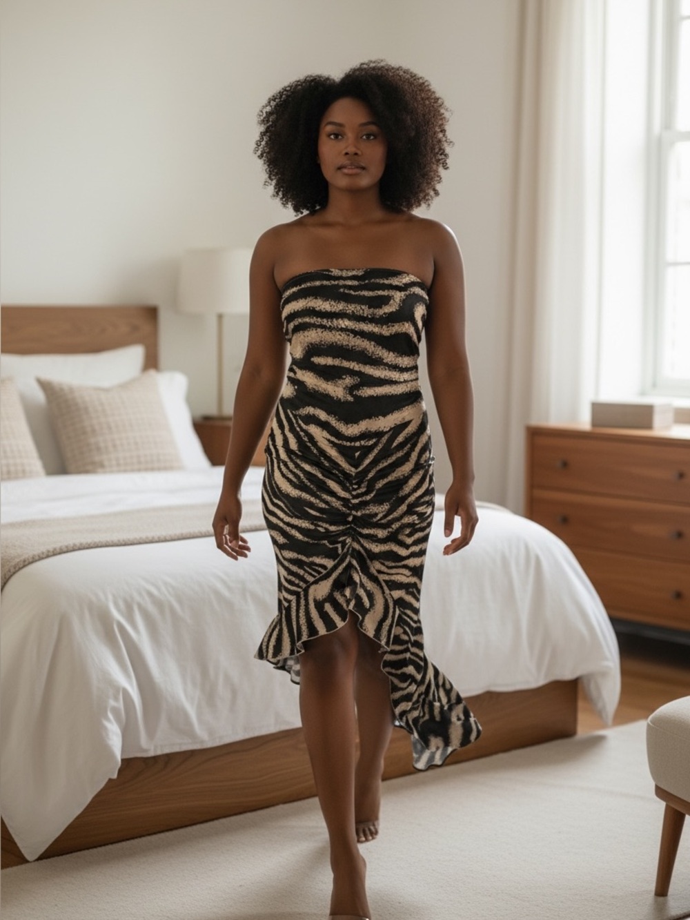 HAUTE SHEIN Strapless Zebra-Print Ruffle Hem Dress - Black & Cream